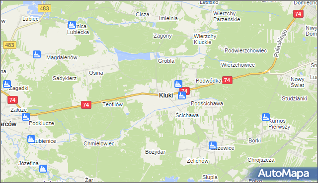 mapa Kluki powiat bełchatowski, Kluki powiat bełchatowski na mapie Targeo