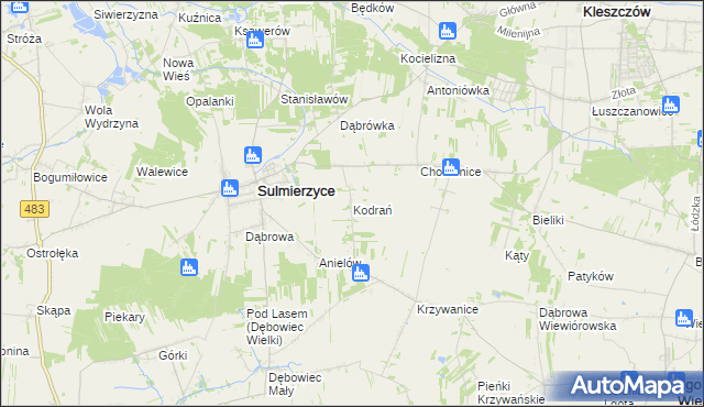 mapa Kodrań gmina Sulmierzyce, Kodrań gmina Sulmierzyce na mapie Targeo