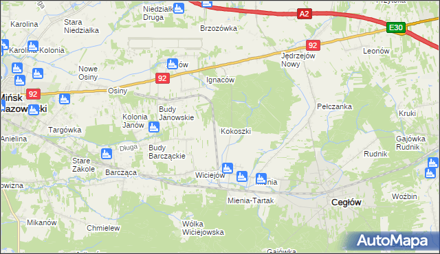 mapa Kokoszki gmina Cegłów, Kokoszki gmina Cegłów na mapie Targeo