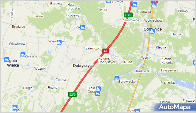 mapa Kolonia Dobryszyce, Kolonia Dobryszyce na mapie Targeo