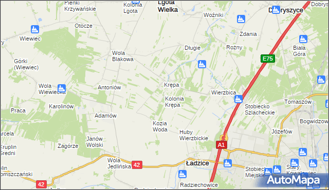 mapa Kolonia Krępa gmina Lgota Wielka, Kolonia Krępa gmina Lgota Wielka na mapie Targeo