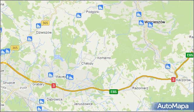 mapa Komarno gmina Janowice Wielkie, Komarno gmina Janowice Wielkie na mapie Targeo