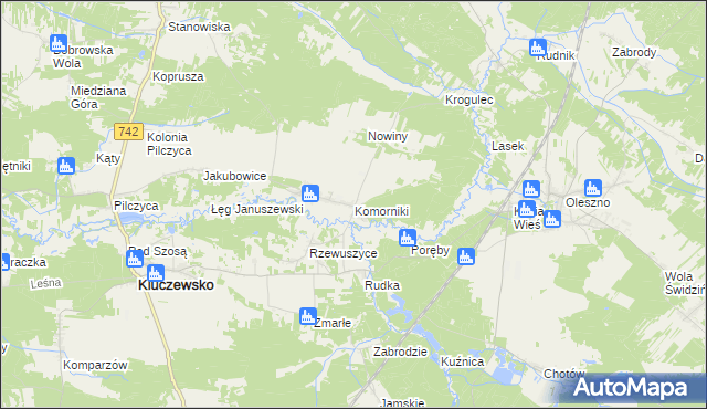 mapa Komorniki gmina Kluczewsko, Komorniki gmina Kluczewsko na mapie Targeo