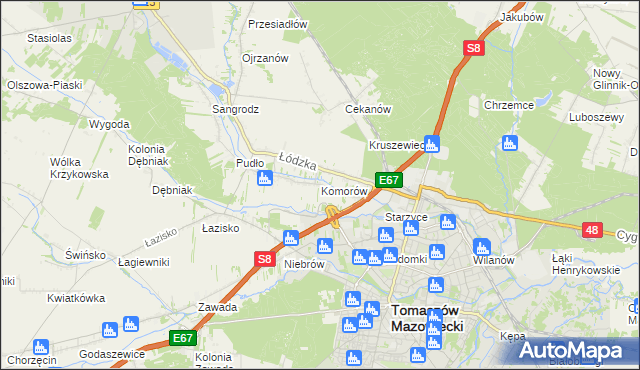 mapa Komorów gmina Tomaszów Mazowiecki, Komorów gmina Tomaszów Mazowiecki na mapie Targeo