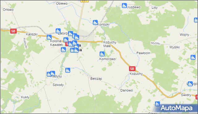 mapa Komorowo gmina Biała Piska, Komorowo gmina Biała Piska na mapie Targeo