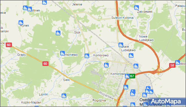 mapa Komorowo gmina Ostrów Mazowiecka, Komorowo gmina Ostrów Mazowiecka na mapie Targeo