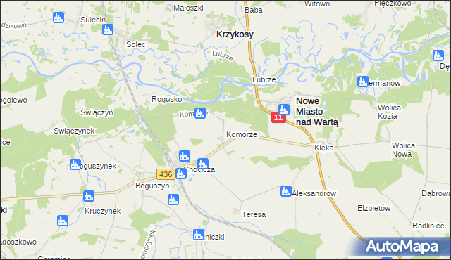 mapa Komorze gmina Nowe Miasto nad Wartą, Komorze gmina Nowe Miasto nad Wartą na mapie Targeo