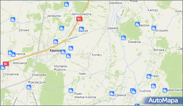 mapa Konary gmina Kłomnice, Konary gmina Kłomnice na mapie Targeo