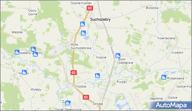 mapa Kopcie gmina Suchożebry, Kopcie gmina Suchożebry na mapie Targeo