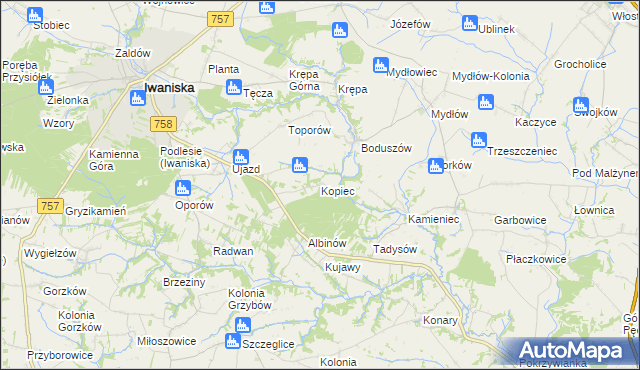 mapa Kopiec gmina Iwaniska, Kopiec gmina Iwaniska na mapie Targeo