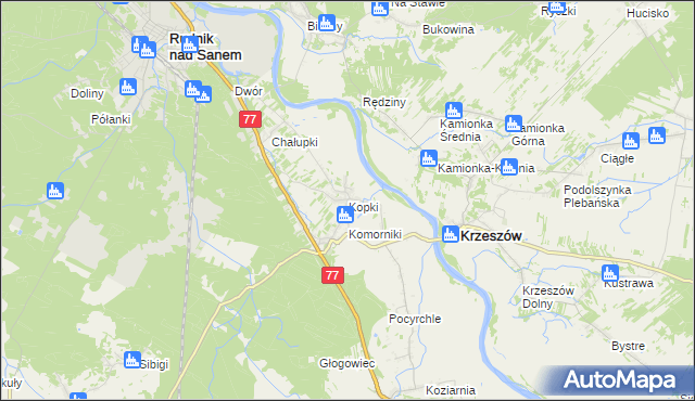 mapa Kopki gmina Rudnik nad Sanem, Kopki gmina Rudnik nad Sanem na mapie Targeo