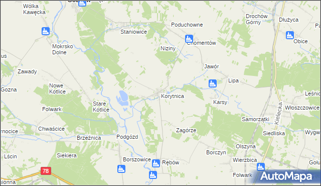 mapa Korytnica gmina Sobków, Korytnica gmina Sobków na mapie Targeo