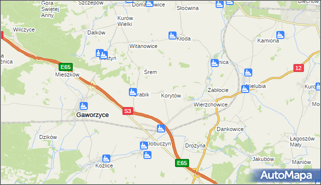mapa Korytów gmina Gaworzyce, Korytów gmina Gaworzyce na mapie Targeo