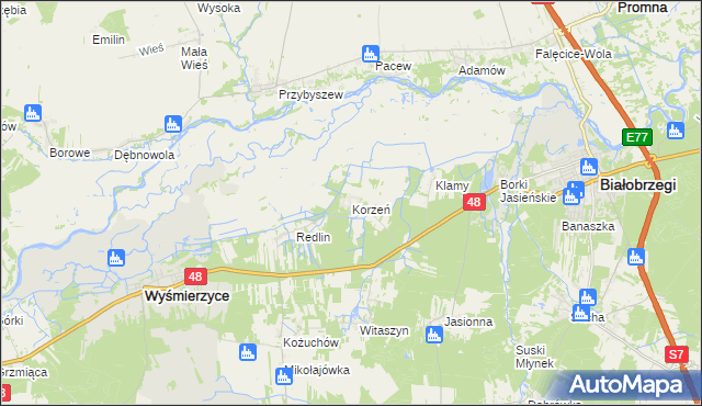 mapa Korzeń gmina Wyśmierzyce, Korzeń gmina Wyśmierzyce na mapie Targeo