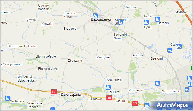 mapa Korzybie gmina Baboszewo, Korzybie gmina Baboszewo na mapie Targeo