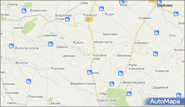 mapa Kościelna Wieś gmina Osięciny, Kościelna Wieś gmina Osięciny na mapie Targeo