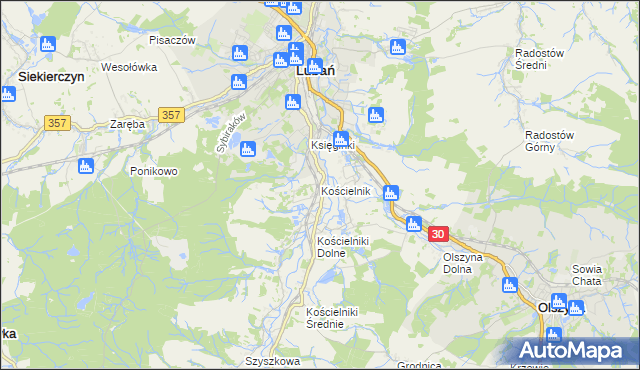 mapa Kościelnik gmina Lubań, Kościelnik gmina Lubań na mapie Targeo
