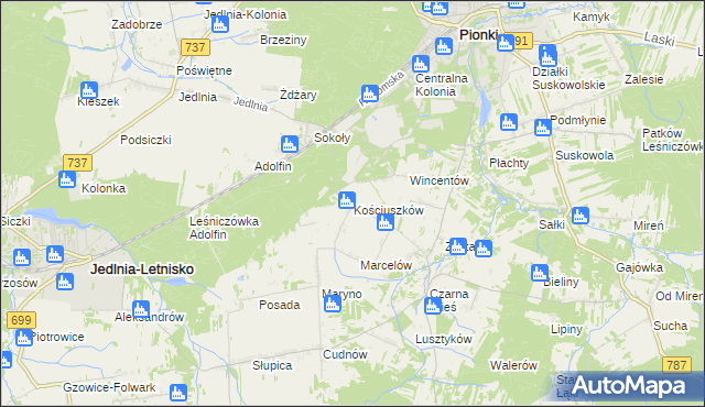 mapa Kościuszków gmina Pionki, Kościuszków gmina Pionki na mapie Targeo