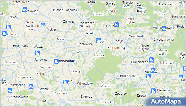 mapa Kostrza gmina Jodłownik, Kostrza gmina Jodłownik na mapie Targeo