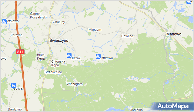 mapa Kostrzewa gmina Manowo, Kostrzewa gmina Manowo na mapie Targeo