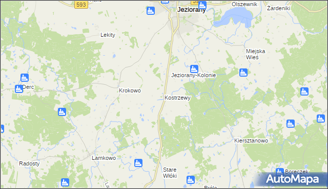 mapa Kostrzewy gmina Jeziorany, Kostrzewy gmina Jeziorany na mapie Targeo
