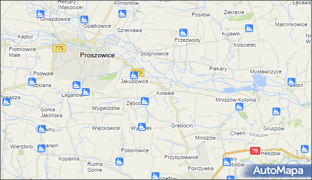 mapa Kowala gmina Proszowice, Kowala gmina Proszowice na mapie Targeo