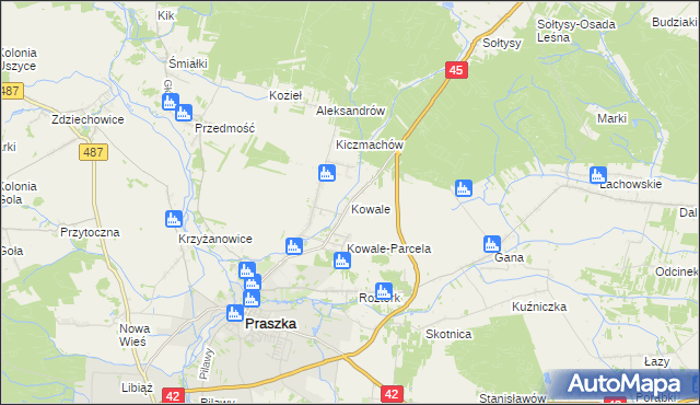 mapa Kowale gmina Praszka, Kowale gmina Praszka na mapie Targeo