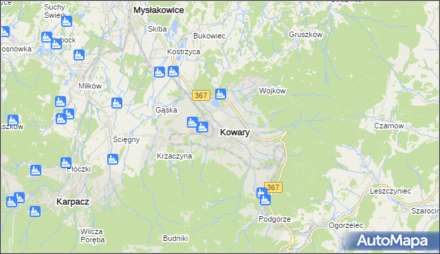mapa Kowary powiat jeleniogórski, Kowary powiat jeleniogórski na mapie Targeo