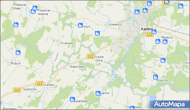 mapa Kozia Góra gmina Karlino, Kozia Góra gmina Karlino na mapie Targeo