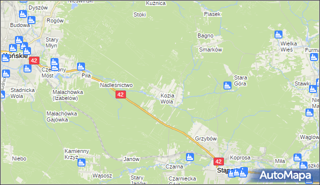 mapa Kozia Wola gmina Stąporków, Kozia Wola gmina Stąporków na mapie Targeo