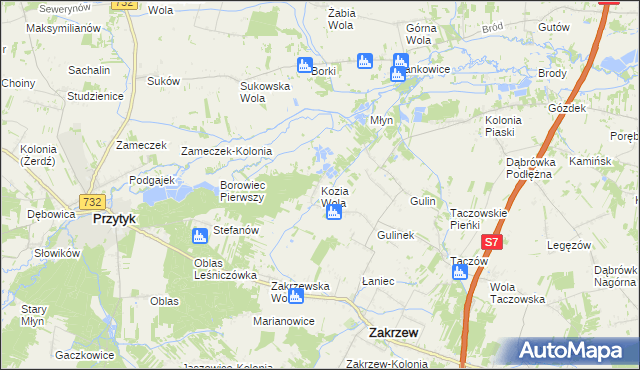 mapa Kozia Wola gmina Zakrzew, Kozia Wola gmina Zakrzew na mapie Targeo