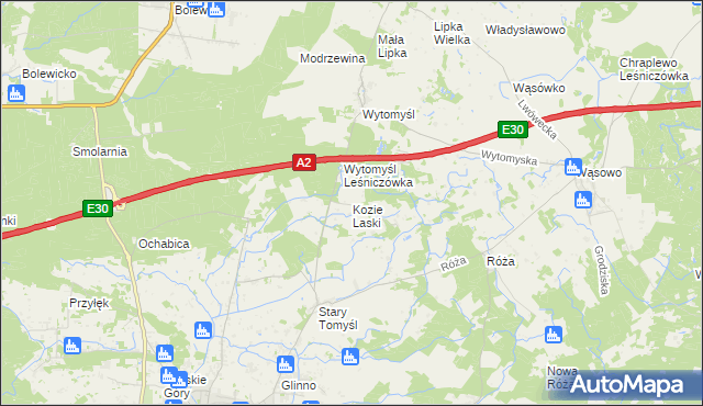 mapa Kozie Laski gmina Nowy Tomyśl, Kozie Laski gmina Nowy Tomyśl na mapie Targeo