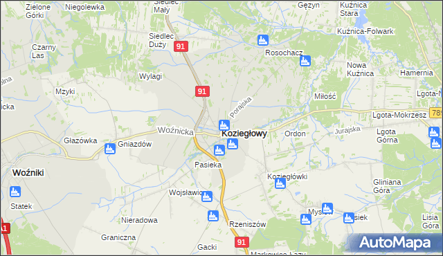 mapa Koziegłowy powiat myszkowski, Koziegłowy powiat myszkowski na mapie Targeo