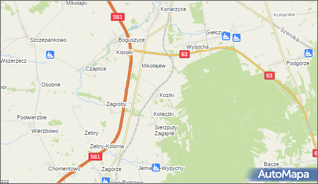 mapa Koziki gmina Śniadowo, Koziki gmina Śniadowo na mapie Targeo