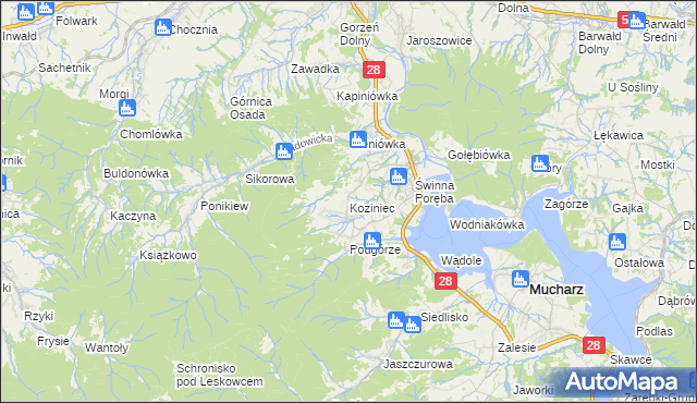 mapa Koziniec gmina Mucharz, Koziniec gmina Mucharz na mapie Targeo