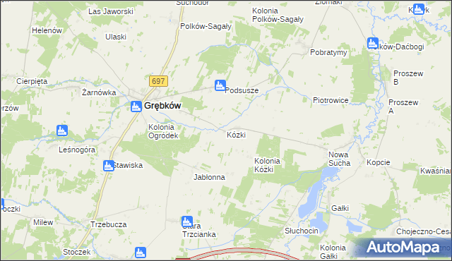 mapa Kózki gmina Grębków, Kózki gmina Grębków na mapie Targeo