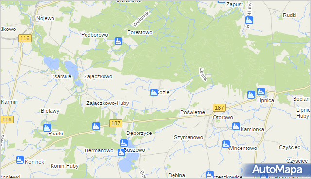 mapa Koźle gmina Szamotuły, Koźle gmina Szamotuły na mapie Targeo