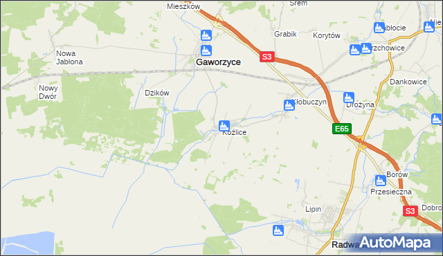 mapa Koźlice gmina Gaworzyce, Koźlice gmina Gaworzyce na mapie Targeo