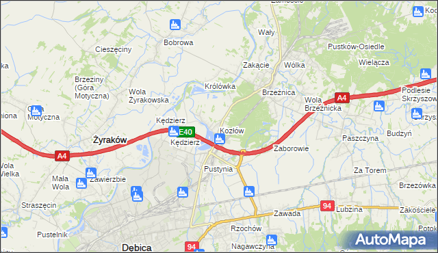 mapa Kozłów gmina Dębica, Kozłów gmina Dębica na mapie Targeo