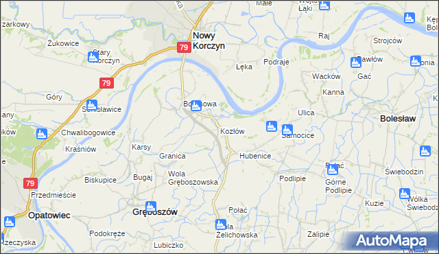 mapa Kozłów gmina Gręboszów, Kozłów gmina Gręboszów na mapie Targeo