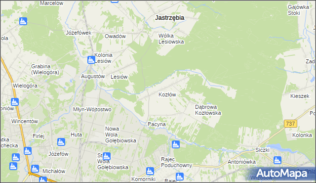 mapa Kozłów gmina Jastrzębia, Kozłów gmina Jastrzębia na mapie Targeo