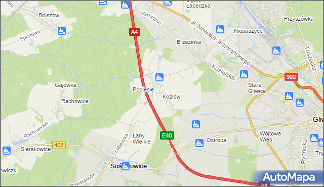 mapa Kozłów gmina Sośnicowice, Kozłów gmina Sośnicowice na mapie Targeo