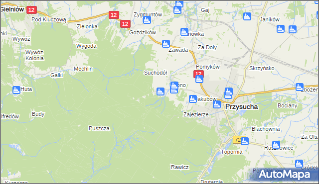 mapa Kozłowiec gmina Przysucha, Kozłowiec gmina Przysucha na mapie Targeo