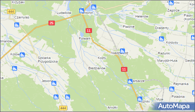 mapa Kozły gmina Ostrzeszów, Kozły gmina Ostrzeszów na mapie Targeo