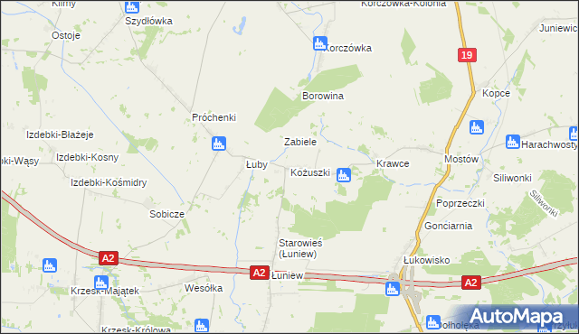 mapa Kożuszki gmina Międzyrzec Podlaski, Kożuszki gmina Międzyrzec Podlaski na mapie Targeo