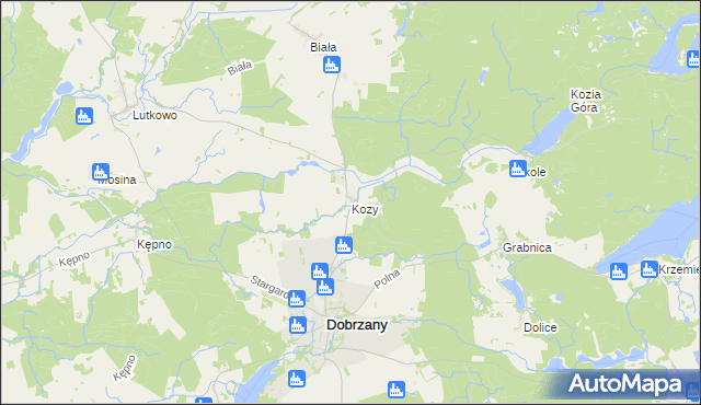 mapa Kozy gmina Dobrzany, Kozy gmina Dobrzany na mapie Targeo