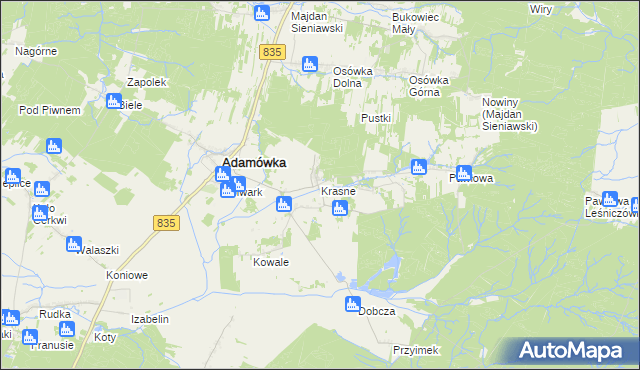 mapa Krasne gmina Adamówka, Krasne gmina Adamówka na mapie Targeo