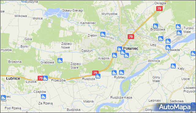 mapa Kraśnik gmina Połaniec, Kraśnik gmina Połaniec na mapie Targeo