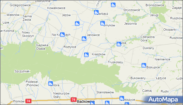 mapa Kraszków gmina Waśniów, Kraszków gmina Waśniów na mapie Targeo