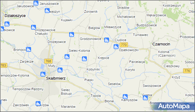 mapa Krępice gmina Skalbmierz, Krępice gmina Skalbmierz na mapie Targeo